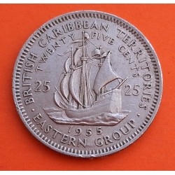 TERRITORIOS BRITANICOS DEL CARIBE 25 CENTAVOS 1955 GALEON KM.7 MONEDA DE NICKEL MBC+ British Caribbean Territories