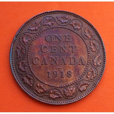 CANADA 1 CENTAVO 1918 REY JORGE V y VALOR KM.21 MONEDA DE COBRE MBC + PÁTINA ROJIZA 1 Cent