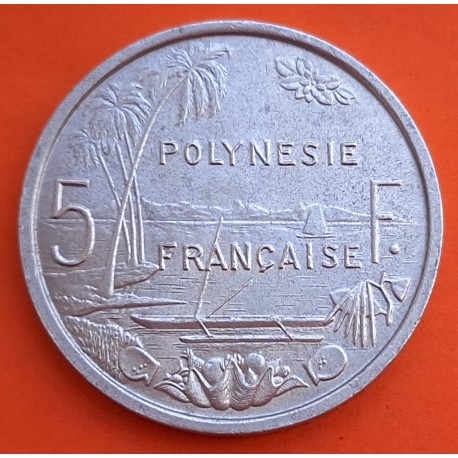 POLINESIA FRANCESA 5 FRANCOS 1965 PLAYA y DAMA CON CORNUCOPIA y ANTORCHA KM.4 MONEDA DE ALUMINIO EBC Polynesie Francaise