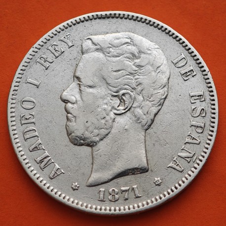 ESPAÑA 5 PESETAS 1871 * 18 75 DEM REY AMADEO I DE SABOYA y ESCUDO KM.666 MONEDA DE PLATA (DURO) Spain silver R/3