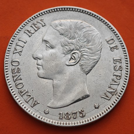 ESPAÑA 5 PESETAS 1875 * 18 75 DEM REY ALFONSO XII y ESCUDO KM.671 MONEDA DE PLATA (DURO) Spain silver R/2