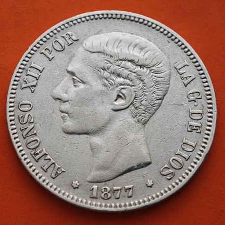 ESPAÑA 5 PESETAS 1877 * 18 77 DEM REY ALFONSO XII KM.676 MONEDA DE PLATA (DURO) Spain silver R/2