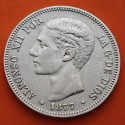 ESPAÑA 5 PESETAS 1877 * 18 77 DEM REY ALFONSO XII KM.676 MONEDA DE PLATA (DURO) Spain silver R/2