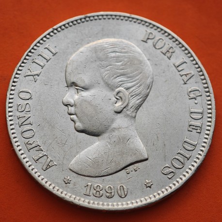 @MUY BONITA@ ESPAÑA 5 PESETAS 1890 * 18 90 MPM REY ALFONSO XIII MONEDA DE PLATA (DURO) KM.689 Spain silver R/4