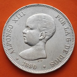 @MUY BONITA@ ESPAÑA 5 PESETAS 1890 * 18 90 MPM REY ALFONSO XIII MONEDA DE PLATA (DURO) KM.689 Spain silver R/4