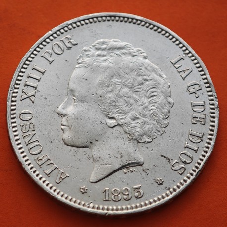 @MUY BONITA@ ESPAÑA 5 PESETAS 1893 * 18 93 PGL REY ALFONSO XIII tipo "RIZOS" KM.700 MONEDA DE PLATA (DURO) Spain silver R/1