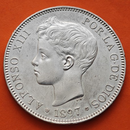 @MUY BONITA@ ESPAÑA 5 PESETAS 1897 * 18 97 SGV REY ALFONSO XIII KM.707 MONEDA DE PLATA (DURO - RAYAS) Spain R/3