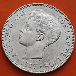 @MUY BONITA@ ESPAÑA 5 PESETAS 1897 * 18 97 SGV REY ALFONSO XIII KM.707 MONEDA DE PLATA (DURO - RAYAS) Spain R/3