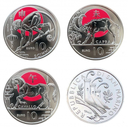 . 3 monedas x SAN MARINO 10 EUROS 2024 CABALLO + CABRA + MONO Calendario Lunar 7ª+8ª+9ª NICKEL + COLOR