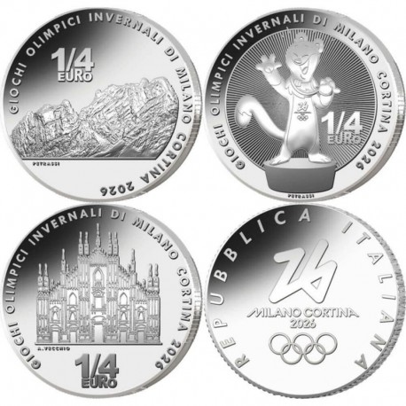 . 1 aaaaaaaaaacoin @3 MONEDAS@ ITALIA 1/4 EURO 2025 OLIMPIADA DE INVIERNO 2026 NICKEL SC 0,25€ Italy