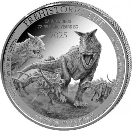 . 1 aaaaaaaaacoin CONGO 20 FRANCOS 2025 CARNOTAURUS DINOSAURIO 4ª MONEDA DE PLATA ONZA OZ 2ª Serie Prehistoric Life