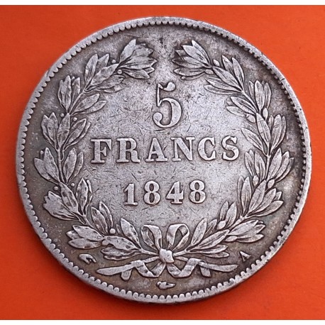 FRANCIA 5 FRANCOS 1848 A Ceca de PARIS REY LOUIS PHILIPPE I KM.749 MONEDA DE PLATA Roi Des Francais