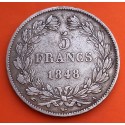 FRANCIA 5 FRANCOS 1848 A Ceca de PARIS REY LOUIS PHILIPPE I KM.749 MONEDA DE PLATA Roi Des Francais