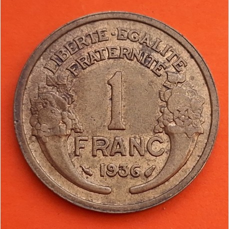 FRANCIA 1 FRANCO 1936 DAMA Tipo MORLON KM.885 MONEDA DE LATON MBC- France 1 Franc