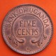 UGANDA 5 CENTIMOS 1966 CUERNOS DE ELEFANTE KM.1 MONEDA DE BRONCE SC- Africa 5 Cents BANK OF