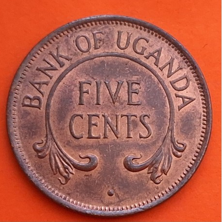 UGANDA 5 CENTIMOS 1966 CUERNOS DE ELEFANTE KM.1 MONEDA DE BRONCE SC- Africa 5 Cents BANK OF