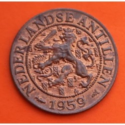 ANTILLAS HOLANDESAS 1 CENTIMO 1959 LEON RAMPANTE Época REINA JULIANA KM.1 MONEDA DE COBRE SC- Netherland Antilles