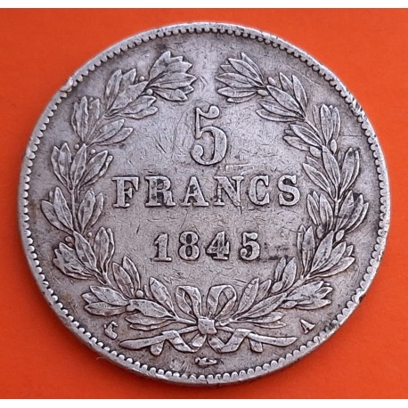 FRANCIA 5 FRANCOS 1845 A Ceca de PARIS Rey LOUIS PHILIPPE I KM.749 MONEDA DE PLATA MBC- Republique Francaise