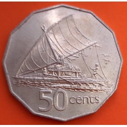 FIJI 50 CENTIMOS 1987 BARCO DE PESCA TRADICIONAL y REINA ISABEL II KM.54 MONEDA DE NICKEL EBC Fidji