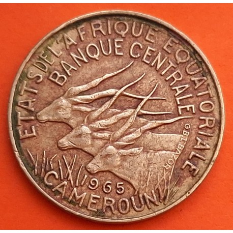CAMERUN 5 FRANCOS 1965 ANTILOPES KM.20 MONEDA DE LATÓN MBC- Cameroon 5 Francs AFRIQUE ECUATORIALE