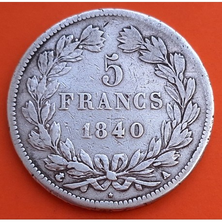FRANCIA 5 FRANCOS 1840 A Ceca de PARIS lOUIS PHILIPPE KM.749.1 MONEDA DE PLATA Republique Francaise