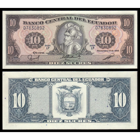 ECUADOR 10 SUCRES 1988 NOVIEMBRE 22 SEBASTIAN DE BENALCAZAR Serie LP Pick 121 BILLETE SC UNC BANKNOTE