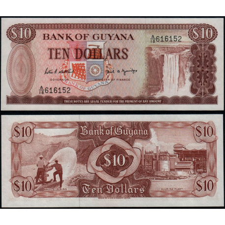 GUYANA 10 DOLARES 1989 MINA DE BAUXITA y CATARATA Pick 23D Firma 7 BILLETE SC 10 Dollars UNC BANKNOTE