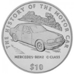 LIBERIA 10 DOLARES 1994 COCHE MERCEDES-BENZ C-CLASS HISTORIA DEL MOTOR KM.347 MONEDA DE PLATA PROOF 1 ONZA