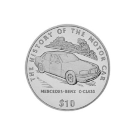 LIBERIA 10 DOLARES 1994 COCHE MERCEDES-BENZ C-CLASS HISTORIA DEL MOTOR KM.347 MONEDA DE PLATA PROOF 1 ONZA