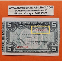 . @NÚMERO CAPICUA 035530@ BILBAO 5 PESETAS 1937 CAJA DE AHORROS y MONTE DE PIEDAD MUNICIPAL BILLETE MBC+ Pick S.561 España