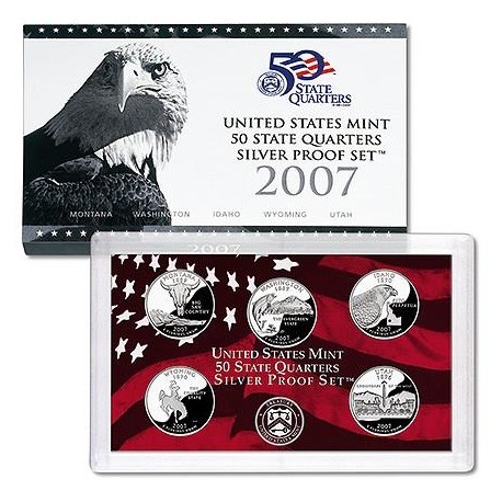 2007 UNITED STATES MINT 50 STATE QUARTERS 25 CENTAVOS SILVER PROOF SET 5 x 25 CENTAVOS PLATA Estados Unidos