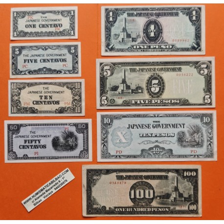 . 8 Billetes 2ª GUERRA MUNDIAL x JAPON 1+5+10+50 CENTAVOS - 1 PESO - 5+10+100 PESOS 1942 a 1944 OCUPACION DE FILIPINAS WWII