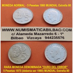 @DURO DEL ERROR - RARA@ ESPAÑA 5 PESETAS 1975 * 80 MUNDIAL JUAN CARLOS I MONEDA DE NICKEL SC SIN CIRCULAR