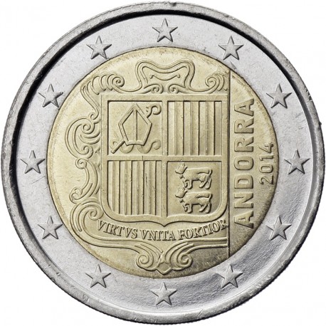 . @OFERTA@ 1º AÑO DE EMISION x ANDORRA 2 EUROS 2014 ESCUDO DEL PRINCIPADO @RARA@ MONEDA NO CONMEMORATIVA