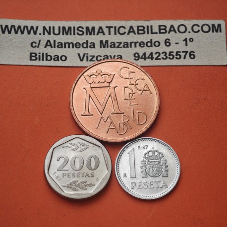 2 monedas @PROOF@ España 1 PESETA + 200 PESETAS 1987 III EXPOSICION NACIONAL DE NUMISMATICA E-87 SIN CARTERA FNMT E87
