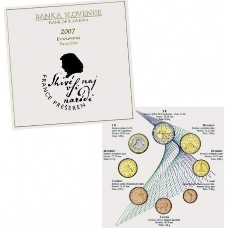 . 1º AÑO DE EMISIÓN x ESLOVENIA CARTERA OFICIAL EUROS 2007 SC BU SET 1+2+5+10+20+50 Centimos y 1+2 EUROS 2007 Slovenia Slovenije