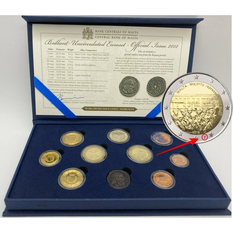 MALTA CARTERA OFICIAL EUROS 2012 SC 1+2+5+10+20+50 Centimos + 1 + 2 EUROS 2011 + 2 EUROS 2012 CON MARCA DE CECA KMS BU SET