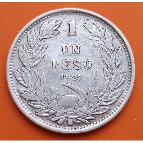 @TIPO -1- GRUESO@ CHILE 1 PESO 1927 So CONDOR SOBRE RISCO Ceca de Santiago KM.171 MONEDA DE PLATA República de Chile