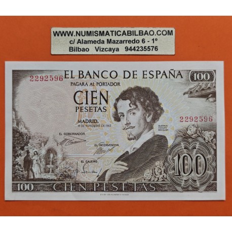 . @NUEVO + IMPERFECCIONES@ ESPAÑA 100 PESETAS 1965 GUSTAVO ADOLFO BECQUER Sin Serie 2292596 Pick 150 BILLETE SC- Spain banknote
