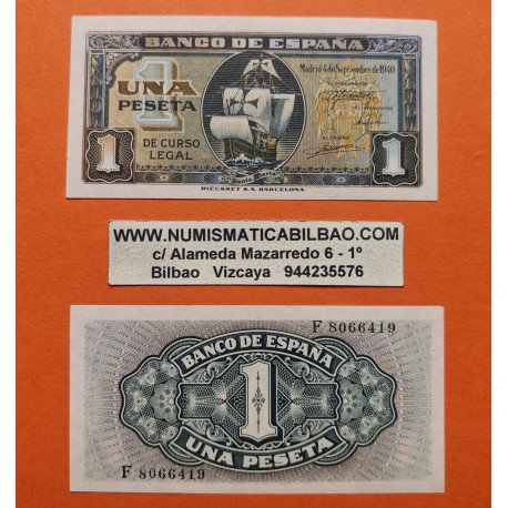 . 1 Billete NUEVO x España 1 PESETA 1940 CARABELA DE CRISTOBAL COLON Serie D Pick 122A BILLETE SC Spain UNC BANKNOTE
