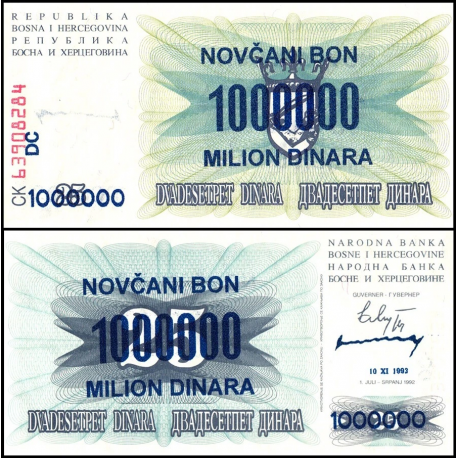 BOSNIA 1000000 DINARA 1993-XI-10 sello de tinta sobre 25 DINARA 1992 SRPANJ Pick 35.B BILLETE SC 1 Millón UNC BANKNOTE