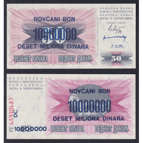 BOSNIA 10000000 DINARA 1993-XI-10 sello de tinta sobre 50 DINARA 1992 SRPANJ Pick 36 BILLETE SC 10 Millones UNC BANKNOTE