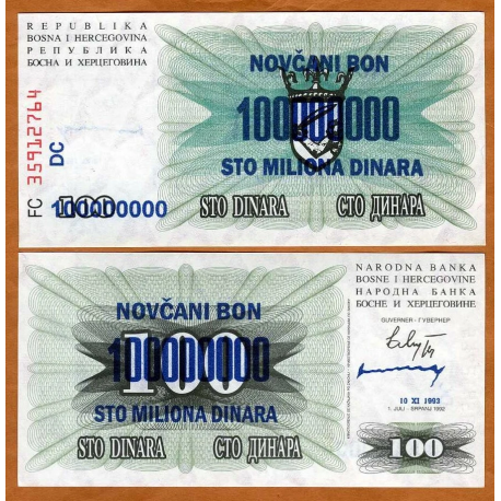 BOSNIA 100000000 DINARA 1993-XI-10 sello de tinta sobre 50 DINARA 1992 SRPANJ Pick 37 BILLETE SC 100 Millones UNC BANKNOTE