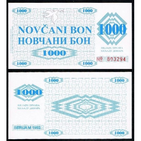 @DINERO DE EMERGENCIA@ BOSNIA 1000 DINARA 1992 SERIJA NOVCANI BON Pick 8.R BILLETE SC Guerra de los Balcanes UNC BANKNOTE