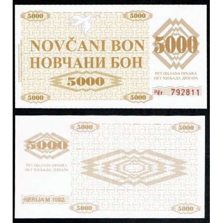 @DINERO DE EMERGENCIA@ BOSNIA 5000 DINARA 1992 SERIJA NOVCANI BON Pick 9.R BILLETE SC Guerra de los Balcanes UNC BANKNOTE