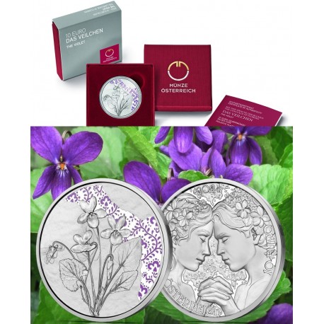 . @COLORES - PROOF@ AUSTRIA 10 EUROS 2024 FLOR de VIOLETA The Languaje Of Flowers 7ª MONEDA DE PLATA ESTUCHE The Peony