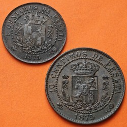 . 2 monedas x @RARAS@ ESPAÑA 5 CENTIMOS 1875 + 10 CENTIMOS 1875 Bruselas REY CARLOS VII PRETENDIENTE COBRE