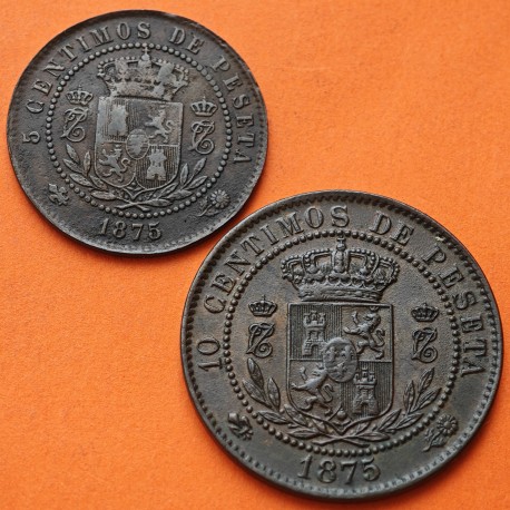 . 2 monedas x @RARAS@ ESPAÑA 5 CENTIMOS 1875 + 10 CENTIMOS 1875 Bruselas REY CARLOS VII PRETENDIENTE COBRE