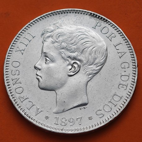 ESPAÑA 5 PESETAS 1897 * 18 97 SGV REY ALFONSO XIII KM.707 MONEDA DE PLATA (DURO) Spain silver R/1