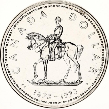 CANADA 1 DOLAR 1973 POLICIA MONTADA 100 ANIVERSARIO KM.83 MONEDA DE PLATA PROOFLIKE + IMPERFECCIONES $1 Dollar silver